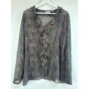 Chico's Design Womens Brown & Black Animal Print Silk Ruffle Front Blouse Size 3